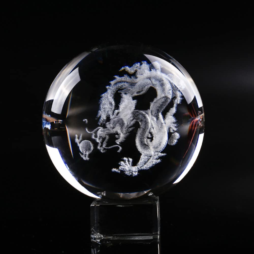 80mm 3D grawerowany smok szklana kula kula Feng Shui dekoracyjna kryształowa kula akcesoria do dekoracji wnętrz (rękodzieło), ze złotą podstawą, 8cm