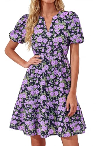 dowerme Women Summer Casual Dresses 2026 Puff Short Sleeve V Neck Floral Boho Midi Dress Flowy Ruffle Spring Sundress(Floral Purple,Medium)