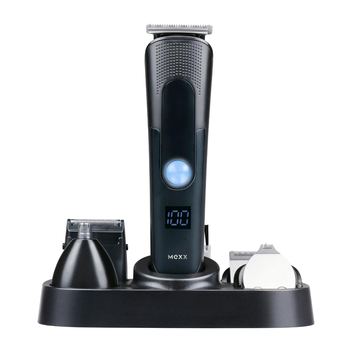 Mexx Trimset – Grooming Set mit T-Messer und U-Messer – Neushaarmes-Aufsatz – 3/6/9/12 mm Aufsätze – Typ-C Laden – Displayanzeige – Pflegeset für Haar, Bart und Details