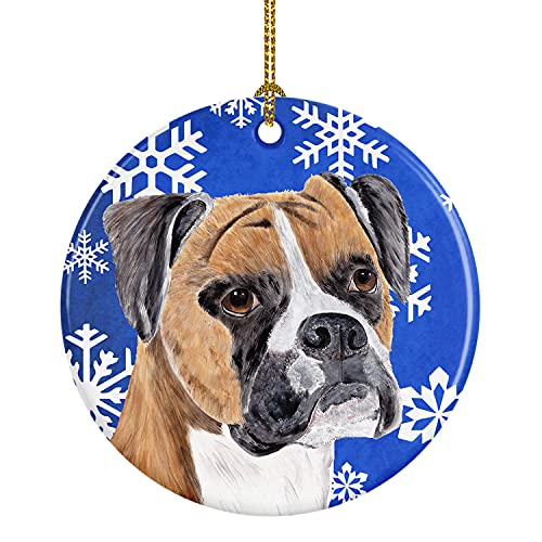Caroline's Treasures Boxer Winter Snowflakes Holiday Ceramic Ornament Christmas Tree Hanging Decorations for Home Christmas Holiday, Party, Gift, 3 in, Multicolor