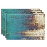 Emvency Farmhouse Placemats Set of 4, Abstract Teal and Light BrownArt Painting 12x18 Inch Messy Rust Vintage Table Mats for Outdoor Home Party Kitchen Dining Decoration