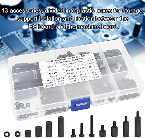 ANTHYTA M3 Male Female Nylon Hex Spacer,260 PCS Standoff Screw Nut Assorted Assortment Kit in Plastic Box,Black Color M3 Threaded Spacer with 13 Style Nuts and Washers for PCB Board DIY Use