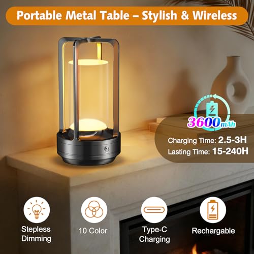 Image of Portable Table Lamp for Outdoor Indoor: Cordless Rechargeable Desk Lamp with 10 Colors - Shower Lamp with Stepless Dimmable - Metal Battery Operated Lantern Light for Bedroom /Bar /Coffee Shop /Camping