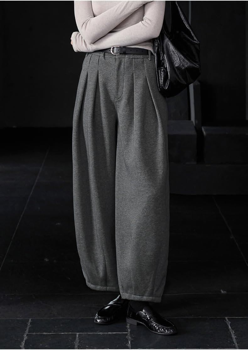 [koulaya] 秋冬 暖かい【ハイ ワイドレッグパンツ】 女性用 オーバーサイズ スウェット 綿混 立体剪裁 ゆったり デイリー