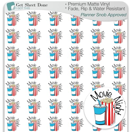 Movie Night Planner Stickers – 54 Vinyl Labels for Self-Care, Relaxation, Me Time, Fun Activities, Date Night Scheduling, Entertainment Tracking, Functional Journaling (1/2”)