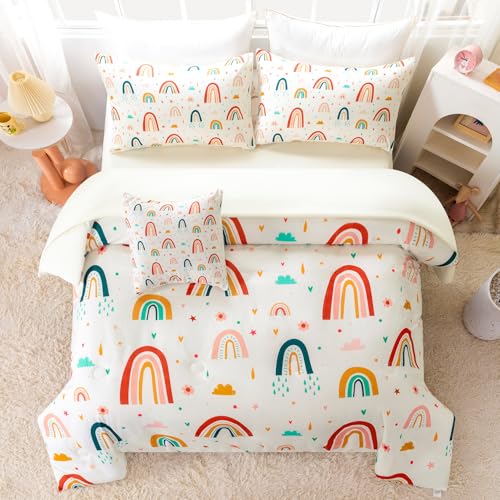 Image of Rainbow Comforter Set Queen Size 6 Pieces Beige Girls Bedding Set with Sheets Colorful Floral Clouds Print Bed in A Bag for Kids Teen Girl (Beige Rainbow, Queen)