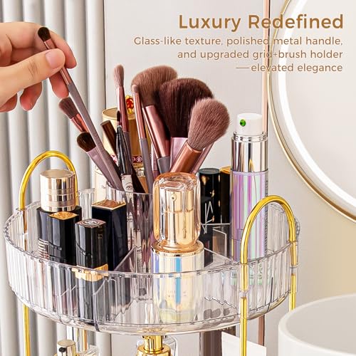Image of 360 Rotating Makeup Organizer, Upgraded 3 Tier Skincare Perfume Organizers for Women, Bathroom Organizer Countertop, Clear Cosmetic Dresser Organizer with Makeup Brush Holder, Sink&Counte (Clear)