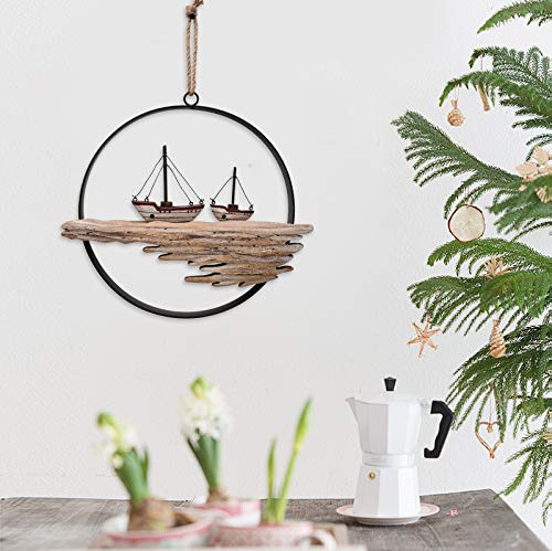 E-view Nautical Wood Wall Decoration Rustic Wooden Hanging Circle Ocean Home Decor Hand Carved Beach Themed Ornament for Door (Sailboat) - Image 3