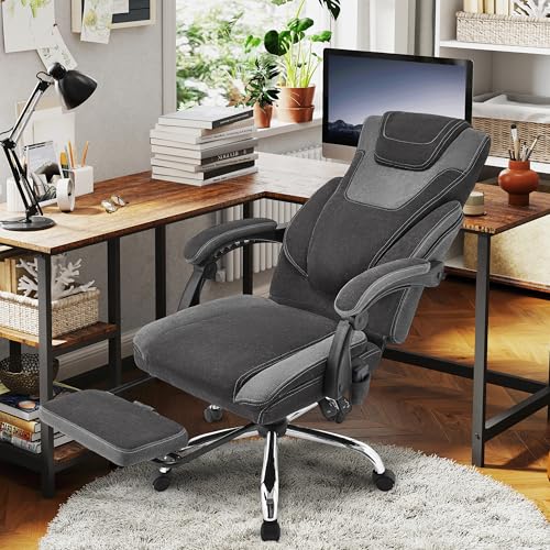 Image of Massage Office Chair with Foot Rest,6-Point Vibration & Heat Executive Office Chairs,Ergonomic Desk Chair for Heavy People,Big and Tall Fabric Office Chair 500LBS,Reclining Managerial Chair,BlackGrey