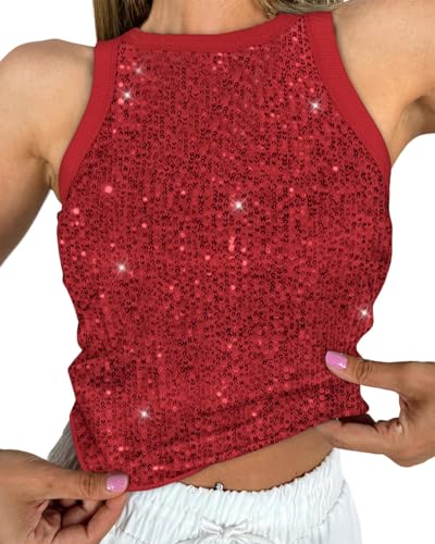 Women's Sequin Tank Top Sparkle Glitter Summer Sleeveless Blouse Crew Neck Slim Fit Club Party Vest (US, Alpha, Medium, Regular, Regular, Red)