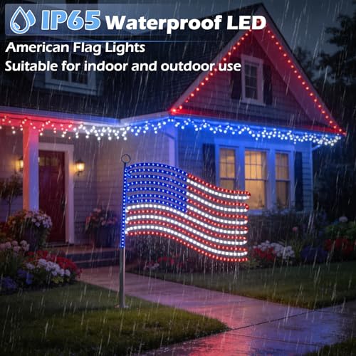 Image of LED American Flag Lights for Wall Pole, Light Up US Flags, 24 inchx21.65 inch Lighted Flag with 340 LEDs Red, Blue, White Colors, Waterproof Banner for Indoor Outdoor Memorial Day Daily Decor