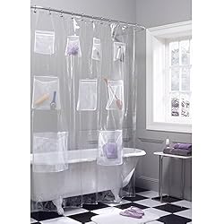 Cortina De Baño Con Bolsillos Zenna Home Malla Cortina de Ducha PEVA y Organizador de baño con 9 Bolsillos de Almacenamiento, Vinilo, 70 Inches x 72 Inches