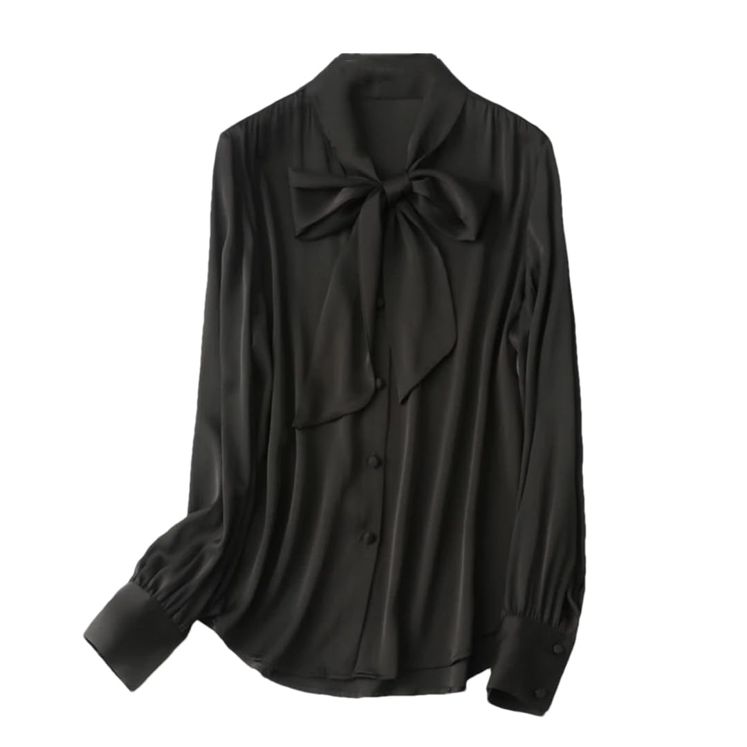 Camisa de manga larga con lazo de seda para mujer, cuello tipo bufanda, color liso, para oficina