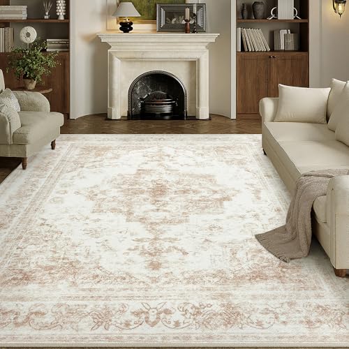 Area Rug 5x7 Cream Washable Living Room Beige Carpet Non Slip Vintage Medallion Low Pile Soft Indoor Bedroom Retro Distressed Indoor Rug for Kitchen Home Office Laundry Dining Room