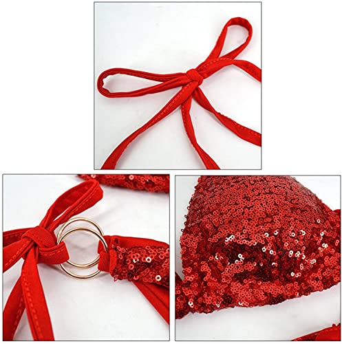 Aibearty Women Sparkle Glitter Sequin Metal Ring Two Piece Bikini Set Tie Side Bandage Triangle Swimwear Bathing Suit Red #TOP2