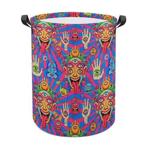 Waterproof Collapsible Hamper Trippy Eyes Acid Monster, Large Capacity Laundry Basket with Handles for Clothing, Toy, and Home Organization