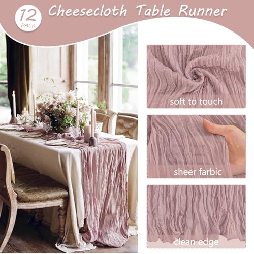 12 Pack 10Ft Cheesecloth Table Runner 35x120 Inch Boho Gauze Rustic Cheese Cloth Long Romantic Table Runner for Wedding Bridal Shower Birthday Party Table Decor (Dusty Pink) - Image 5