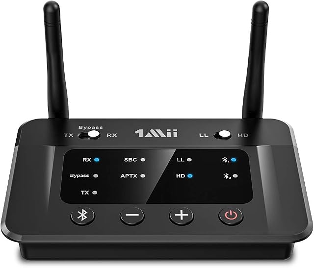 1Mii B03 Bluetooth 5.0 Transmitter Receiver for TV, Low Latency Wireless Audio Adapter for Headphone, Pair 2 at Once, Long Range, Digital Optical, RCA, Splitter for Wire & Wireless