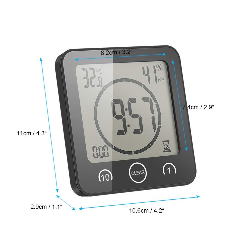 Orologio da Bagno, Doccia Orologio Allarme Impermeabile Toccare Controllo ℃/℉ umidità Temperatura, Timer per il Conto Alla Rovescia, 3 Metodi di Montaggio, Alimentazione a Batteria (Nero)