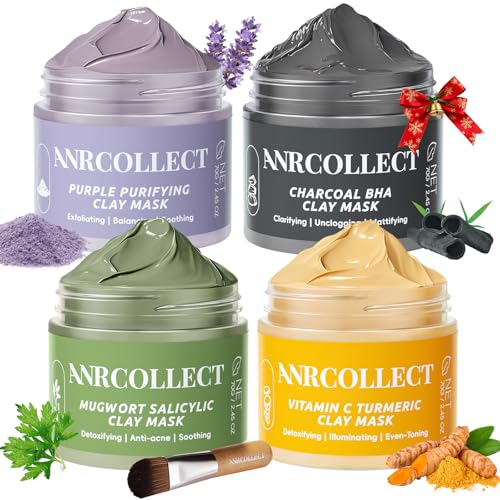 ANRCOLLECT Face Mask Set, 4Pcs Clay Mask, Face Masks Skin Care with Vitamin C, Charcoal, Mugwort and...