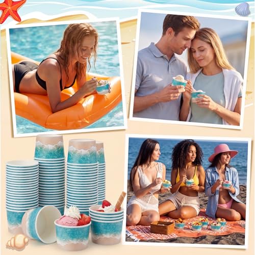 Image of Funnymoom 50 Pack Beach Ice Cream Cups 9 oz Ocean Waves Disposable Dessert Bowls Paper Soup Bowls Summer Pool Snack Cups for Hot or Cold Food for Hawaiian Beach Birthday Party Supplies