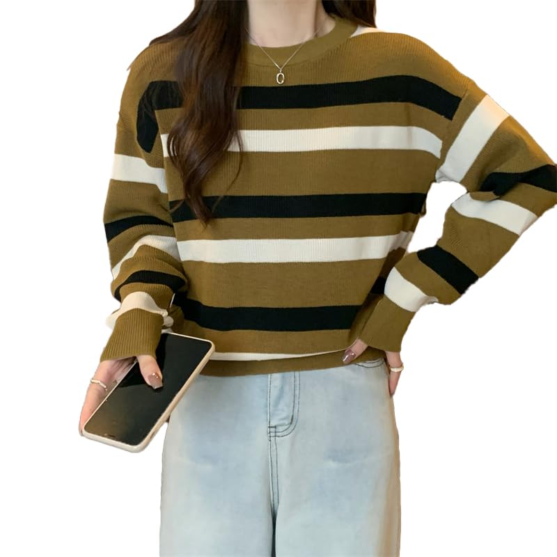 Women's Knitted Loose Style Round Neck Long Sleeve Striped Top T-Shirt DNM1610