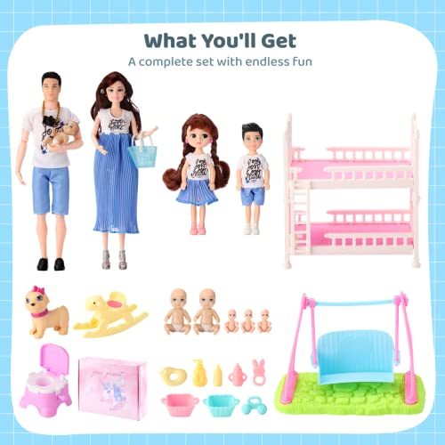 Pregnant Doll Have A Baby In Her Tummy Family Dolls Set Of 7 People With Dog Included Dad Pregnant Mom 2 Kids 3 Baby And Infant In Mommy's Tummy With 38Pcs Accessories For Aged 3-12 Girls Boys Gift #TOP3
