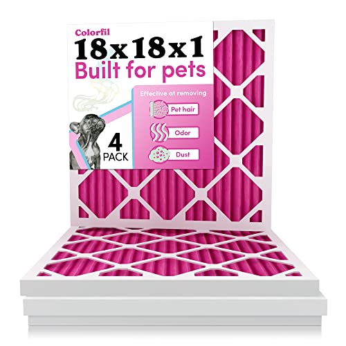 Image of 18x18x1 Air Filter by Colorfil | Color Changing Filters for Cat and Dog Odor | MERV 8 Furnace AC Filter for Pet Hair and Dust | 17.75 inchx17.75 inchx0.75 inch Exact Size | Pack of 4