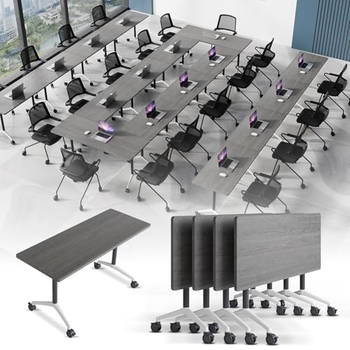 Modular Conference Table 4PCS, Folding Conference Room Tables on Wheels Grey 63in, Modern Rectangular Training Table for Office Meeting, Rolling Seminar Tables for 4-12