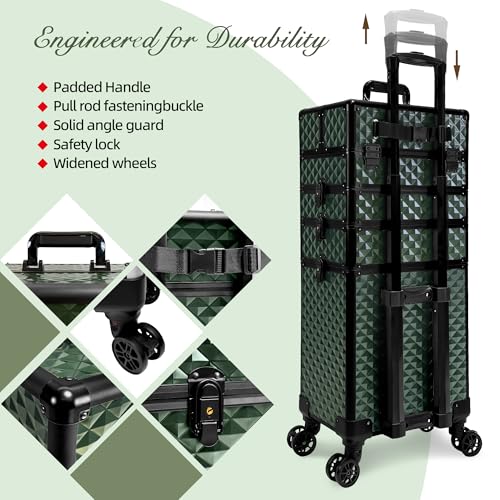 Image of 5 in 1 Rolling Makeup Train Case on Wheels Large Cosmetic Organizer Travel Cart for Women Beauty Salon Barber Hairstylist Green