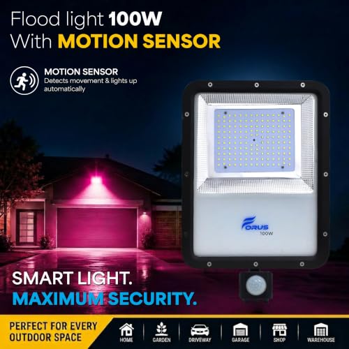 Image of Forus 100W LED Flood Light Pink with Motion Sensor Auto On Off Day Night Mode Waterproof Outdoor Security Light for Garden Parking Garage Factory Warehouse Shop High Bright Floodlight 4Yr Warranty-1Pc