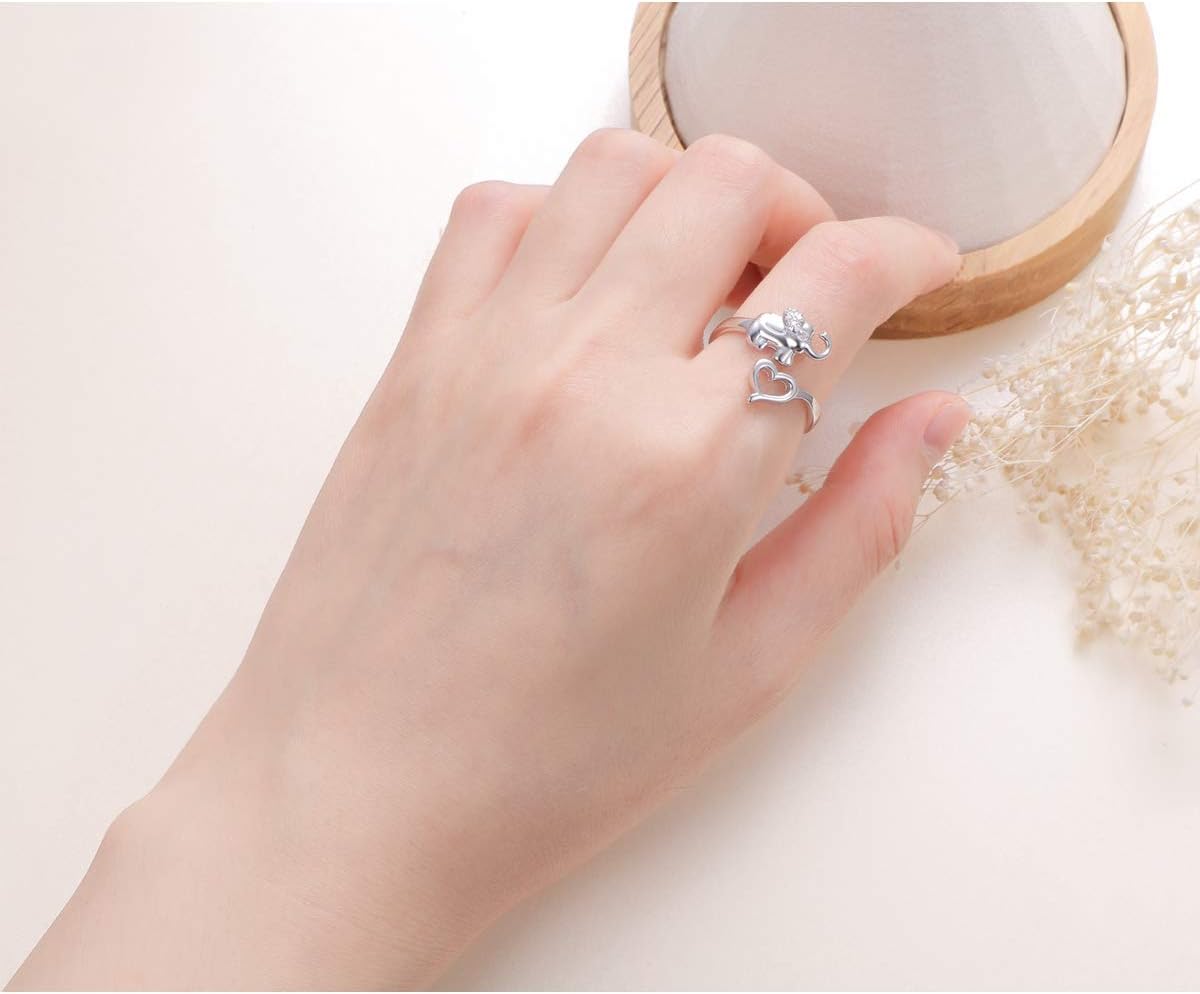 FLYOW 925 Sterling Silver Adjustable Animal Rings for Women Lucky Elephant Cute Pig Ring Cat Paw Love Heart Wrap Open Ring Birthday Gifts - Image 2