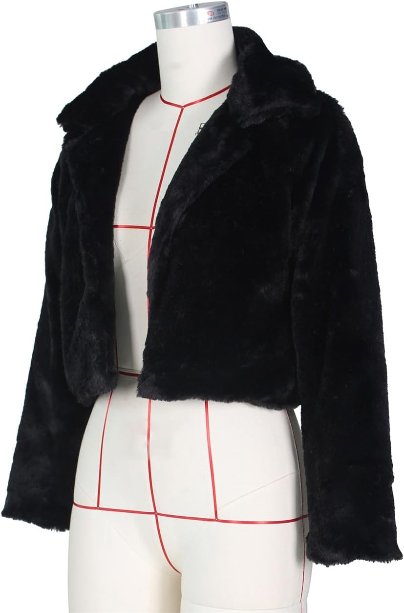 Womens Lapel Collar Open Front Fluffy Faux Fur Cropped Coats Jackets - Image 5