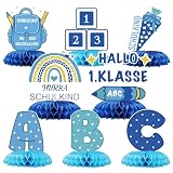 Einschulung Deko Junge 2026 Blau-Schultüte Jungen 8 Stück Bienenwaben Tischaufsteller mit ABC & Boho-Regenbogen, Schulkind Deko Tischdeko für Einschulung Schulanfang Junge Deko Erster Schultag