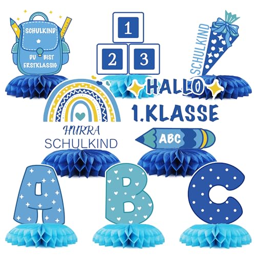 Einschulung Deko Junge 2026 Blau-Schultüte Jungen 8 Stück Bienenwaben Tischaufsteller mit ABC & Boho-Regenbogen, Schulkind Deko Tischdeko für Einschulung Schulanfang Junge Deko Erster Schultag