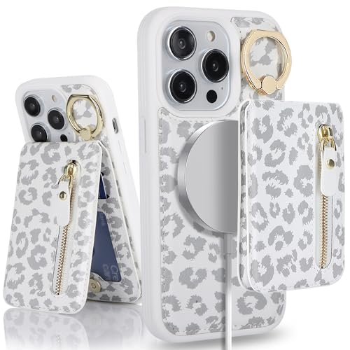 DEYHU iPhone 11 pro max case with Card Holder, iPhone 11 pro max Phone Case Wallet for Women magsafe Compatible Wallet Detachable 2-in-1 for Men-White Leopard