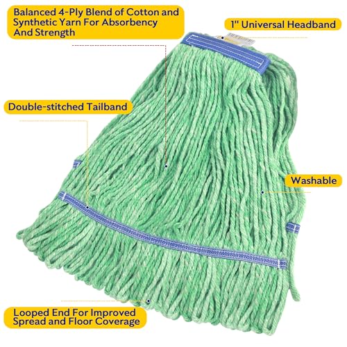Image of Matthew Cleaning Heavy Duty Mop Head Commercial Replacement for General and Floor Cleaning , Wet Industrial Blue Cotton Looped End String Head Refill (Pack of 12) Green