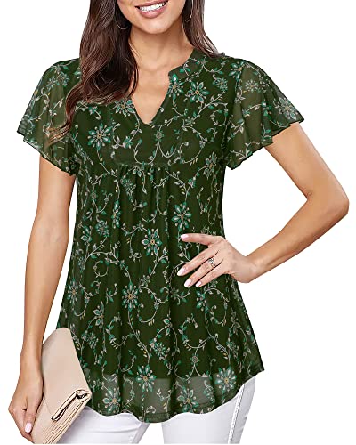 Youtalia Women Tunic Blouses, Dressy Tops For Women Short Sleeve Work Tops For Women Office Casual Elegant Summer Floral V Neck Double Layers Tunic Tops Long Shirts Peasant Blouse Pleated Front Sheer #TOP1