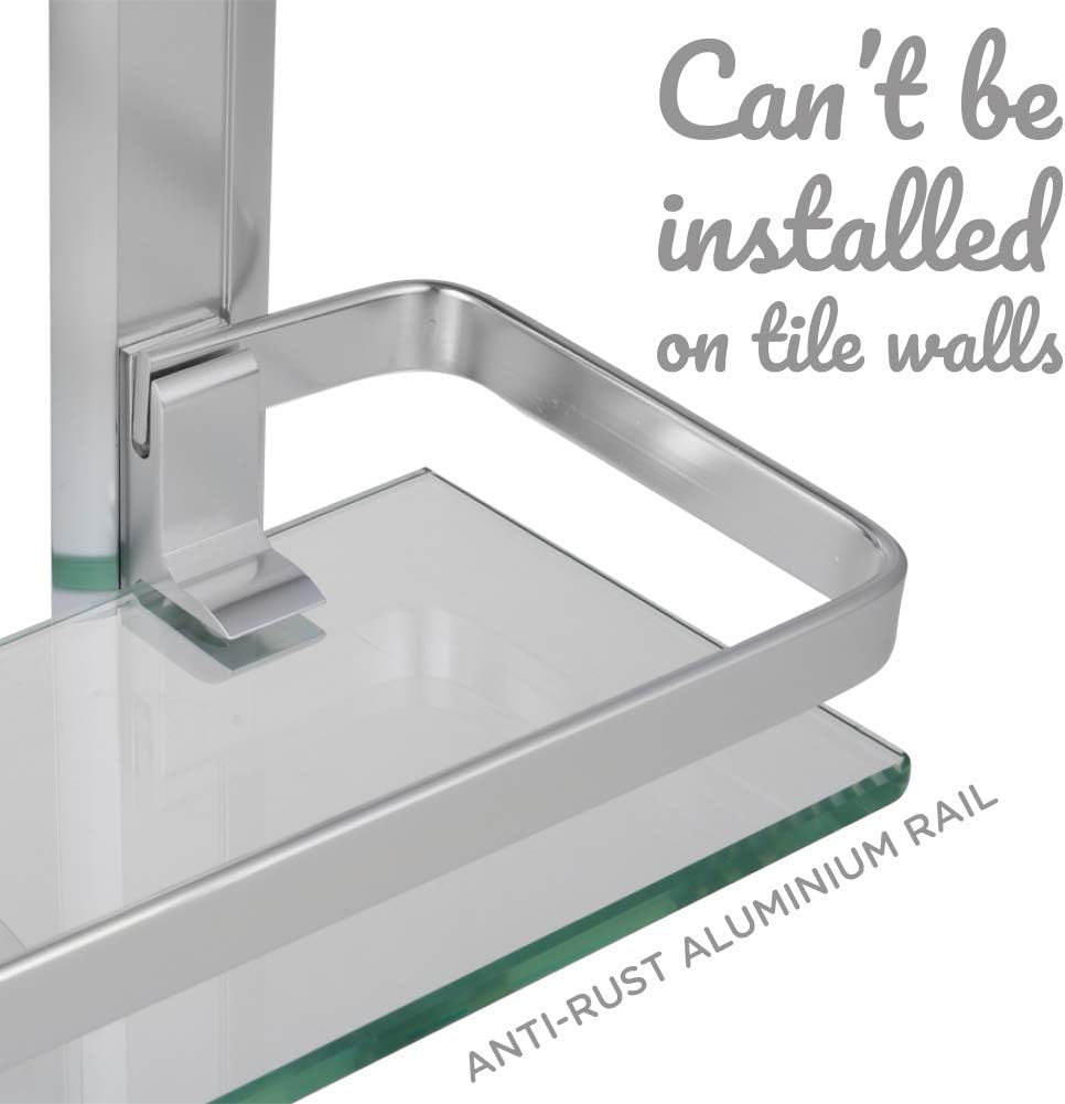 Comfecto 2-Tier Bathroom Glass Shelves, Wall Mounted Tempered Shelf Organizer Storage Holder with 14 Inch Rectangular Glass (8mm Thick) and Aluminum Rail for Shower Lavatory, Hardware Included