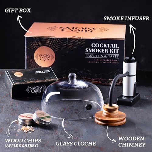 Smoky Crafts Cocktail Smoker Kit - Food Smoker Kit with Smoking Gun, 8\" Smoking Cloche Glass Dome, Wooden Drink Smoker Top and Wood Chips (Apple & Cherry) - Whiskey Smoker Kit (Torch Not Required) - Thumbnail 6