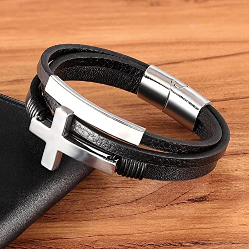 Bracelet en cuir pour hommes avec breloques croix de Jésus