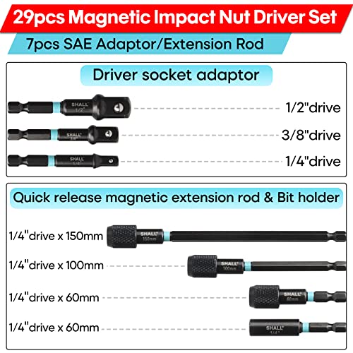 Shall 29Pcs Magnetic Nut Driver Set, Impact Drill Driver Bit 1/4" Hex Shank, Sae & Metric Cr-V Steel Power Nut Drivers With Quick-Release Extensions, Impact Socket Adapters, Bit Holder And Storage Bag #TOP2