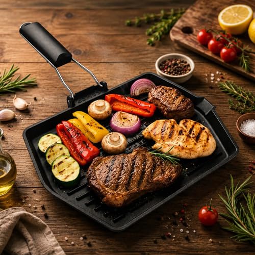 BRANDANI bistecchiera rettangolare in ghisa rossa con manico richiudibile 35 x 28 cm