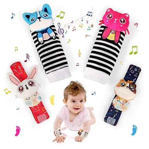 JoyPlus Sonajero Calcetines y Muñequeras para Bebé, 4 Piezas Sonajeros de Muñeca Bebe Sonajero de Pies y Manos Juguetes, Sonajero para Recién Nacidos con Buscador de Muñeca para Bebé de 0-12 Meses
