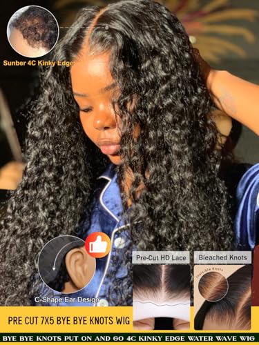 Image of Sunber Water Wave Human Hair Glueless Wigs with 4C Kinky Edge Drawstring Bye Bye Knots Human Hair Wig Pre Cut 7x5 HD Lace Put On Go Pre Plucked Pre Bleached Invisible Knots 22Inch
