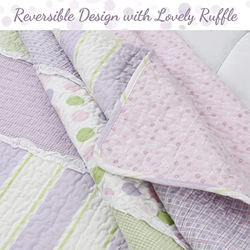 Cozy Line Home Fashions Lavender Green Stripe Dots Girl 100% Cotton Reversible Quilt Bedding Set, All-Season Coverlet Bedspread (Purple Dots, Twin - 2 Piece) #TOP4