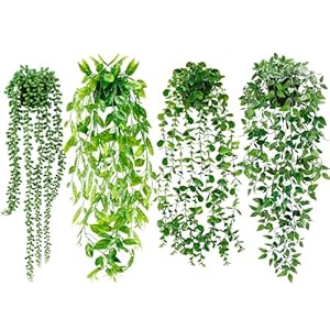 Artificial Hanging Plants for Shelf, 4 Pack Fake Potted Greenery Faux Eucalyptus Vine, Mandala Vine, String of Pearls,Pea pod Leaves in Pot for Office Living Room Bathroom Indoor Outdoor Décor