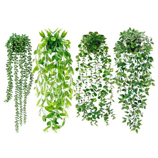 Artificial Hanging Plants for Shelf, 4 Pack Fake Potted Greenery Faux Eucalyptus Vine, Mandala Vine, String of Pearls,Pea pod Leaves in Pot for Office Living Room Bathroom Indoor Outdoor Décor