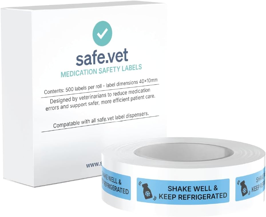 Dispensed Medication Veterinary Pharmacy Labels | Roll of 500 | Clinical-Grade Color-Coded Stickers for Medication Bottles (Shake Well & Keep Refrigerated)