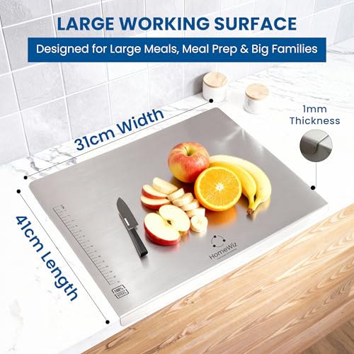 Image of HomeWiz Large Steel Chopping Board for Kitchen - 100% Stainless Steel Cutting Board | Heavy Duty Chopping Board | Non-Porous Hygienic Surface for Vegetables, Meat & Fish, Rust-Resistant | 41 x 31 cm
